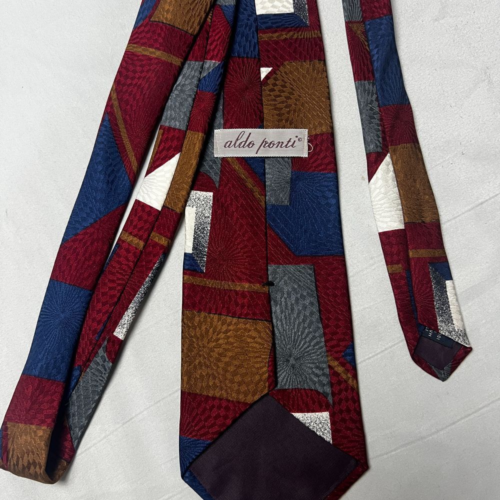 Aldo Ponti Geometric Abstract Art Silk Tie Navy Burgundy Gold‎ Designer XL